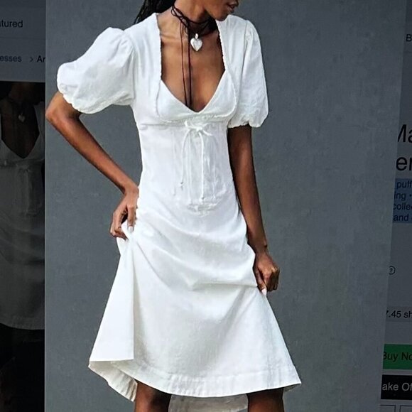 Anthropologie Maeve Puff-Sleeve Corset Linen Blend Midi Dress Size L - Picture 2 of 13